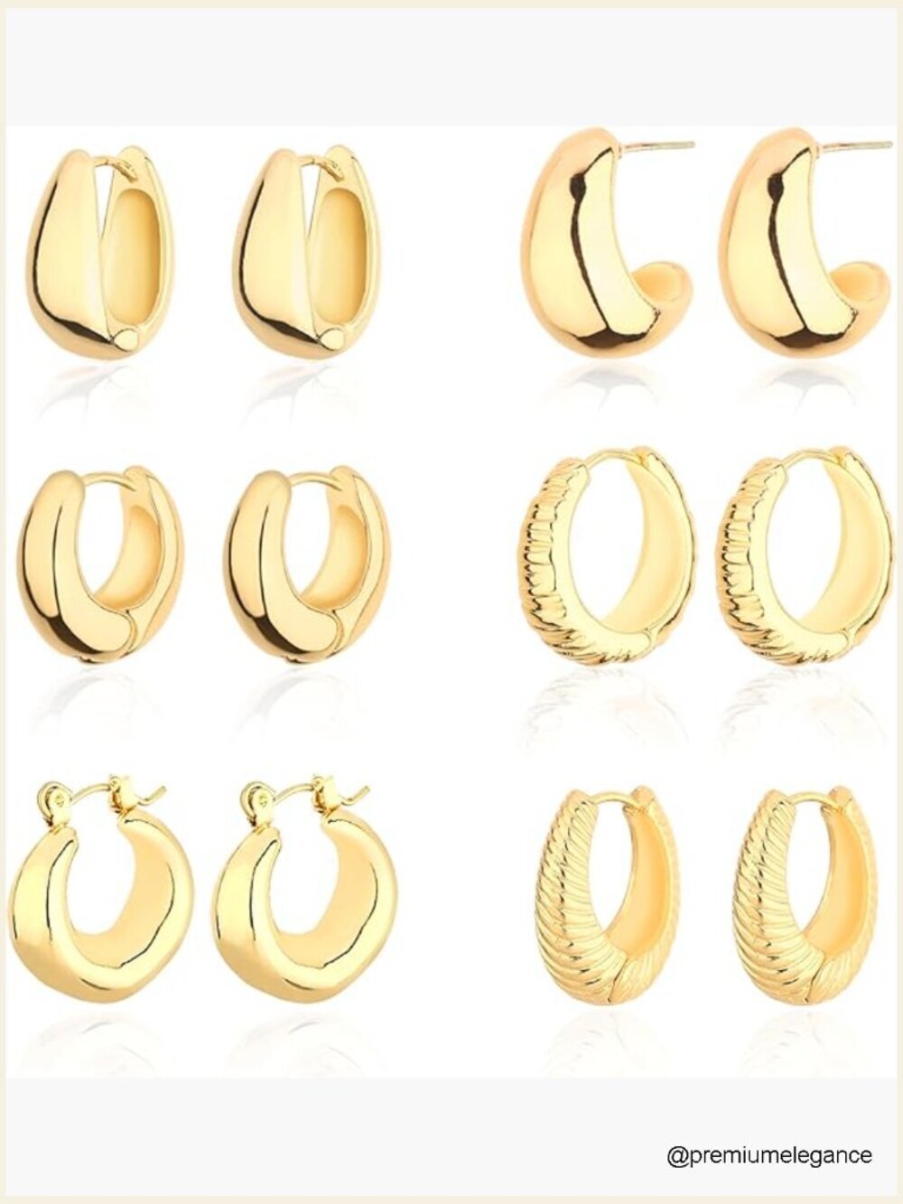 6 Pairs Chunky Gold Hoop Earrings Set - 14K Gold Plated Thick Lightweight